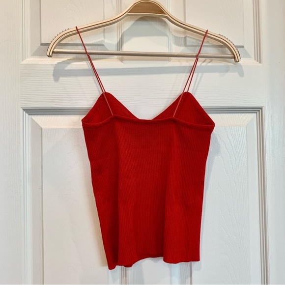Red Ribbed Knit V-Neck Thin Strap Sweater Cami Top - Picture 2 of 3
